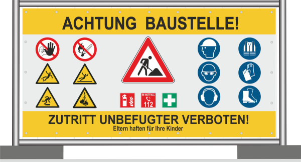 Baustellenbanner mit wichtigen Symbolen nach DIN 7010